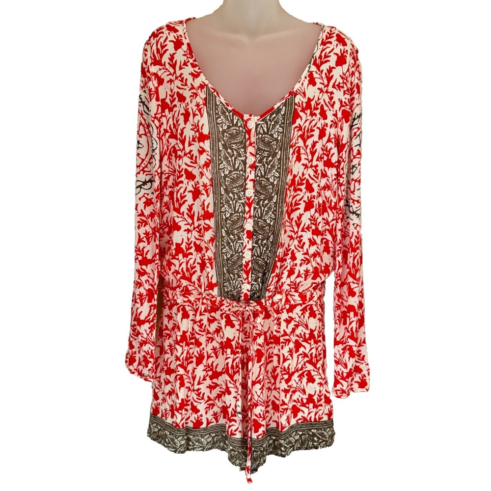 FREE PEOPLE Womens S Orange L/Sleeve Boho Chic Surf Date Romper Ruffle Hem